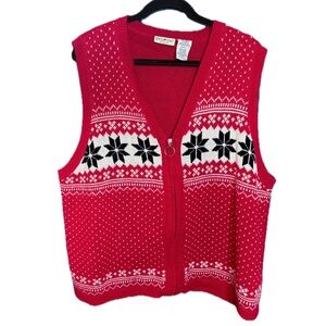 Vintage Red Fair Isle Snowflake Zip Up Sweater Vest Size 22W 24W Nordic Holiday
